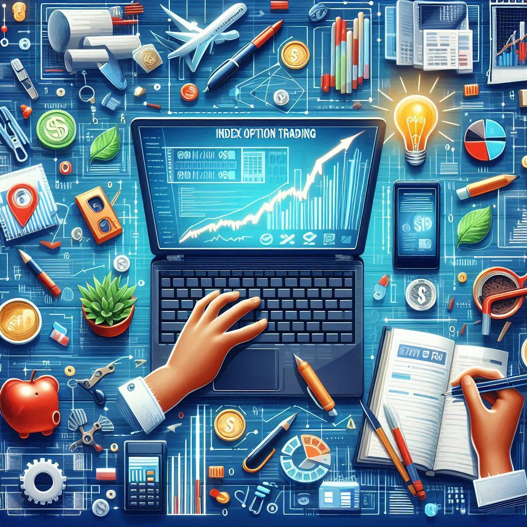 An educational image explaining Index Option Trading for beginners in India, showcasing essential elements like Nifty 50 and Sensex indices, call and put options, and basic trading strategies, designed to help new investors understand the fundamentals of the Indian stock market.